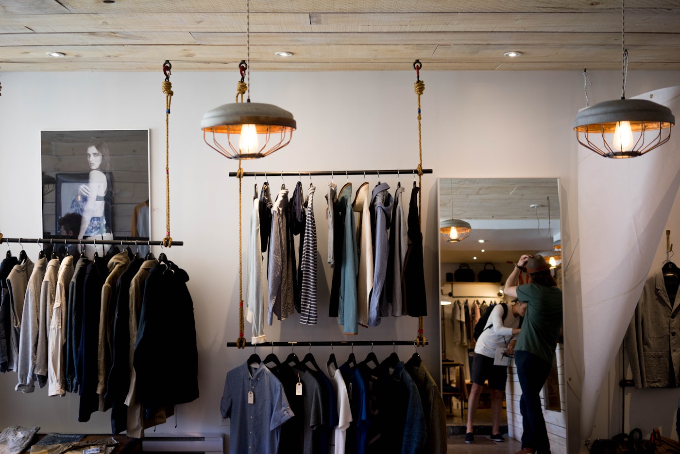 Boutique interior with hanging garment racks